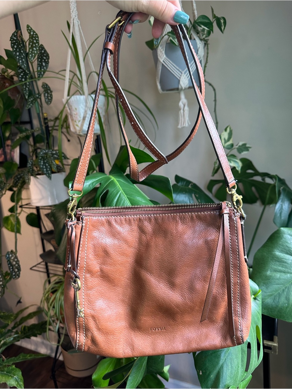 Fossil Explorer Brown Leather Crossbody Bag Brass Key Charm